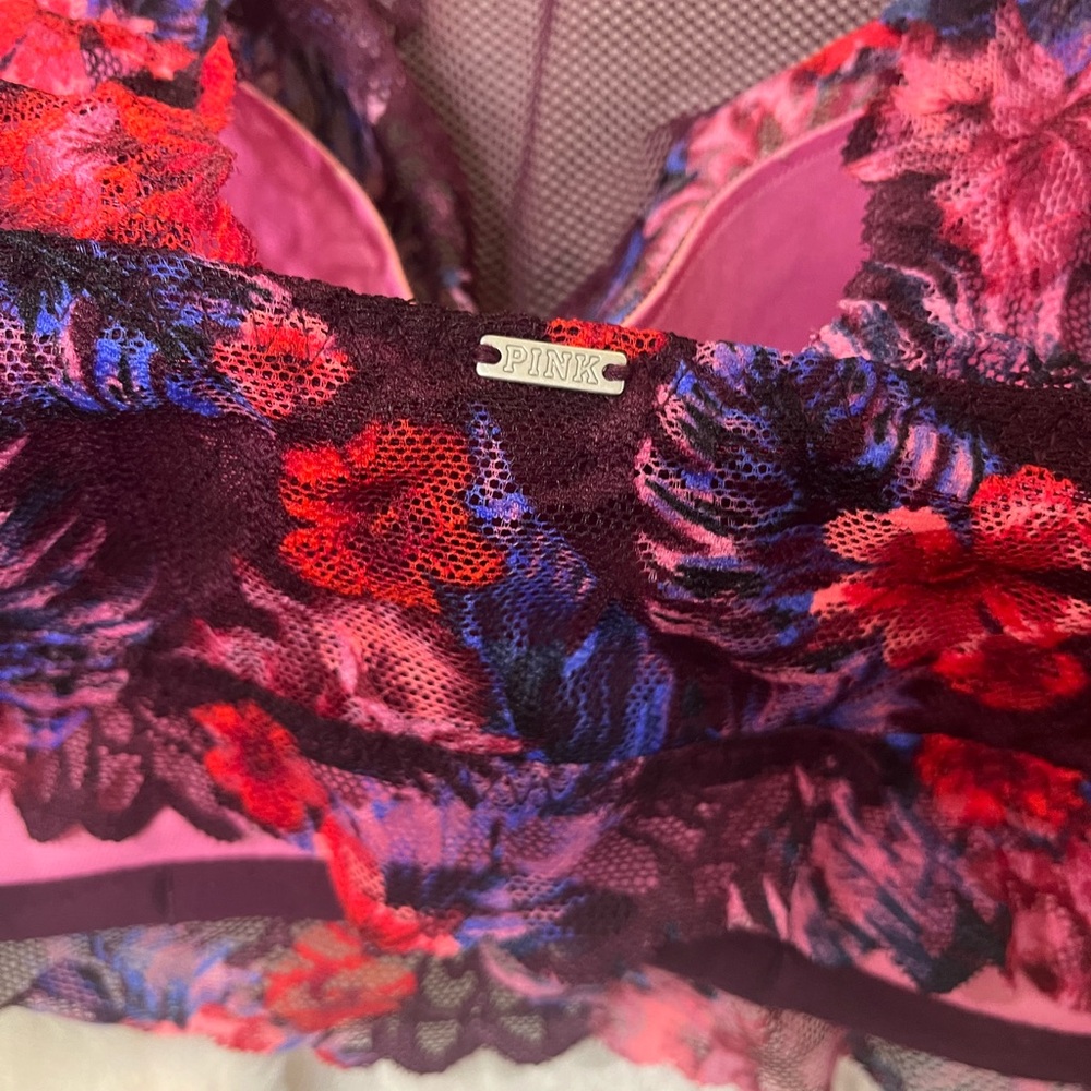 VICTORIA SECRET PINK VIVID FLORAL LACE PADDED UNDERWIRE BRA SIZE M DD - Picture 15 of 16